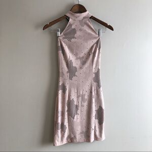 Mystic Vintage Mesh High Neck Fitted Bodycon Open Back Sleeveless Mini Dress Tan